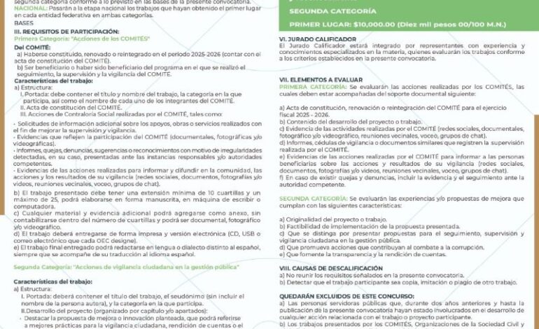 Abre Contraloría convocatoria para el Premio Nacional de Contraloría Social 2026 en Hidalgo