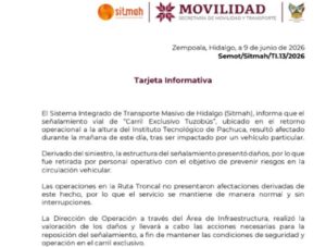 Se impacta vehículo particular en el señalamiento vial de “Carril Exclusivo Tuzobús”, a la altura del Instituto Tecnológico de Pachuca