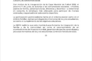 SEPH Autoriza Suspensión de Clases Por El Mundial, de Manera Ordenada y Responsable Sin Descuidar Los Objetivos Educativos