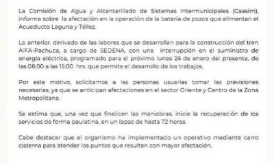 CAASIM Suspenderá Servicio de Agua Potable en Los Sectores Oriente, Sur Oriente y Centro de La Zona Metropolitana de Pachuca, Por Trabajos de Construcción del Tren AIFA-Pachuca.