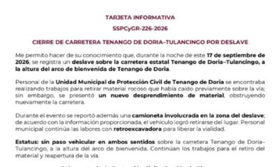 Cierre de Carretera Tenango de Doria–Tulancingo Por Deslave