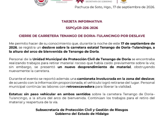 Cierre de Carretera Tenango de Doria–Tulancingo Por Deslave
