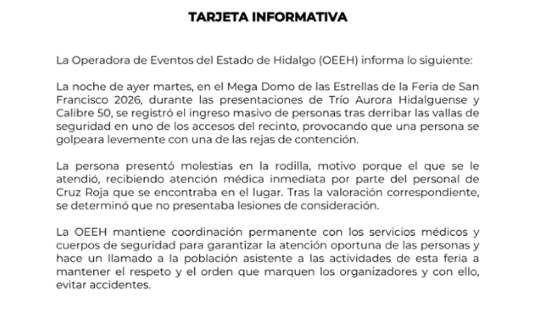 La Operadora de Eventos del Estado de Hidalgo (OEEH) informa lo siguiente: