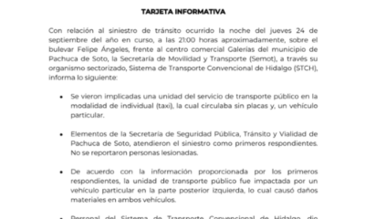 Tarjeta informativa respecto al percance en el bulevar Felipe Ángeles en Pachuca