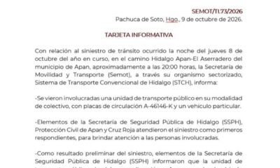 Siniestro de tránsito en el camino Hidalgo Apan-El Aserradero, municipio de Apan.