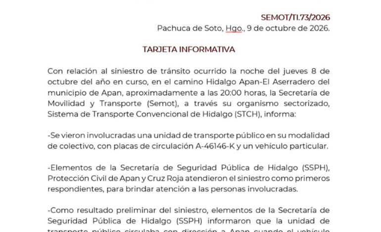 Siniestro de tránsito en el camino Hidalgo Apan-El Aserradero, municipio de Apan.