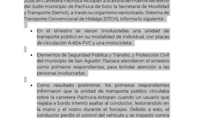 Tarjeta informativa del hecho de tránsito ocurrido en Carretera Pachuca-Actopan.