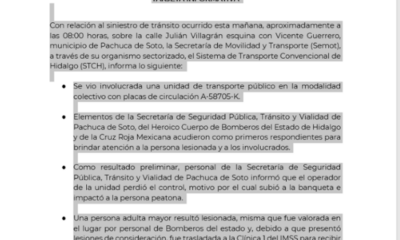 Tarjeta informativa respecto al incidente que involucra a una unidad del Sistema de Transporte Convencional, en el centro de Pachuca